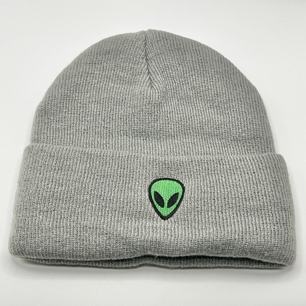 Alien Head Green Cartoon Beanie Hat Cap Knit Cuff Gray Fashion Casual Outdoors